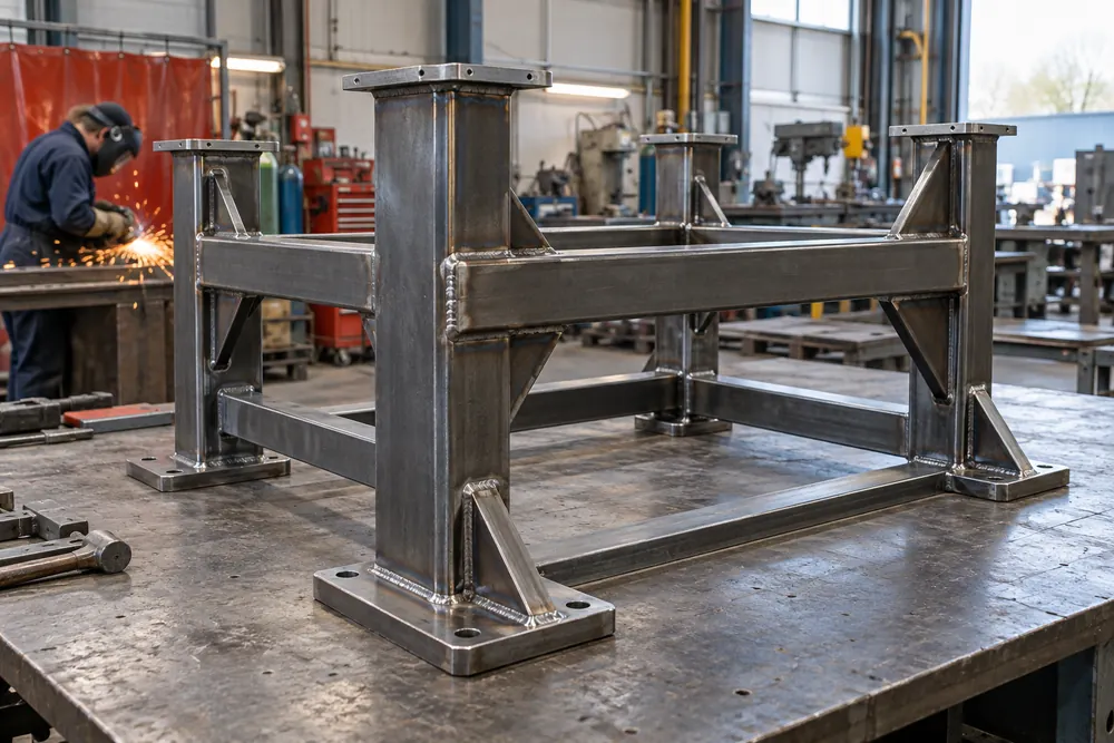 Fabricated steel machinery support frame on a workshop bench