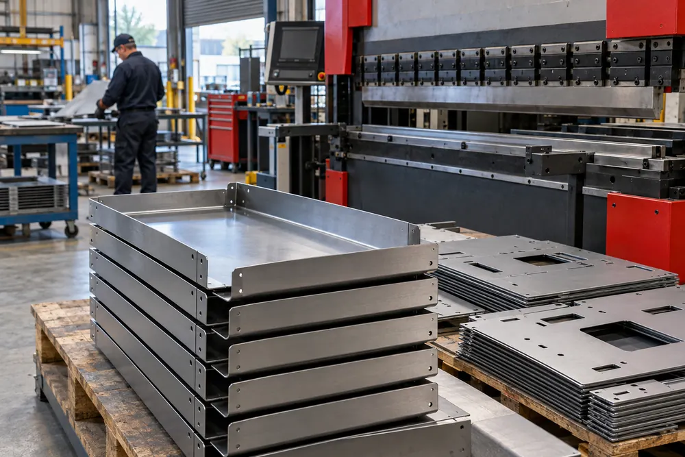 Folded metal panels and trays beside industrial forming equipment