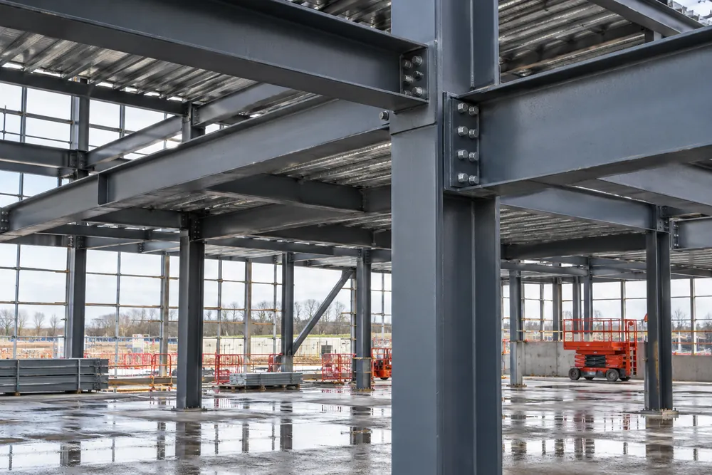 Structural steel beams and bolted connections in an industrial building